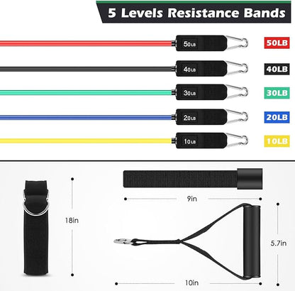 Resistance Bands Set 10–50 LB, Exercise Bands Kit for Men & Women, Full Body Workout with Handles, Door Anchor, Ankle Straps & Carry Bag, Home Gym Training