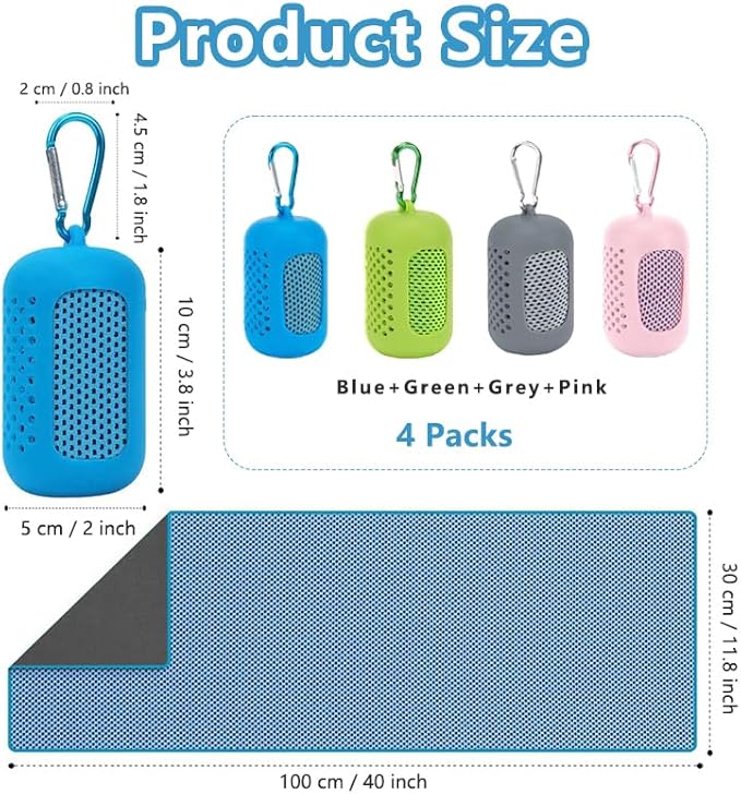 4 Pack Cooling Towels (40"x12"), Microfiber Chilly Towels Soft Breathable Gym Ice Towel for Workout, Yoga, Sport, Silicone Set Travel Sweat Towels Fast Drying Lightweight Cooling Neck Wraps