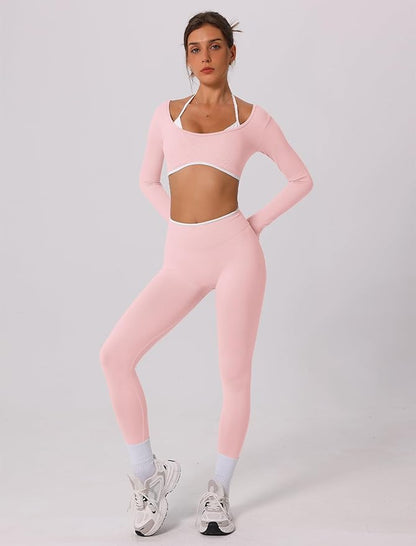 ABOCIW Workout Sets for Women Long Sleeve Crop Top Scrunch Butt Lifting High Waist Leggings 2 Piece Gym Yoga Outfits