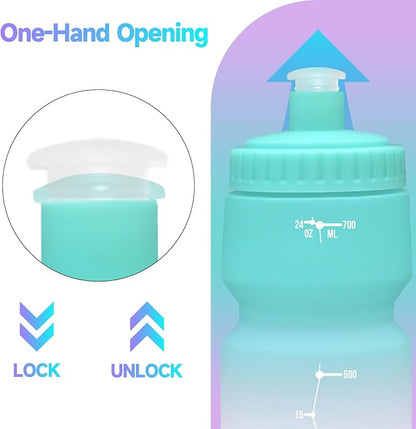 24oz Bike Water Bottle, Cycling Squeeze Water Bottle Leakproof BPA Free with Capacity Scale w/Pull Top Lid, Reusable, for Bicycle, Gym,Camping, Hiking