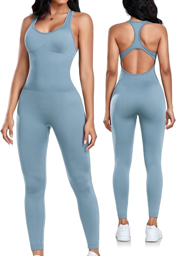OLCHEE Womens Workout Jumpsuits Seamless Yoga Gym Bodycon Rompers Sexy Racerback Tummy Control Padded Bra Unitard