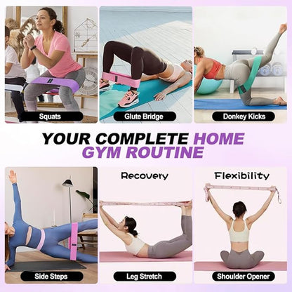 2-in-1 Fabric Resistance Bands Set & Numbered Elastic Stretching Strap - Non-Slip Glute Bands for Women, 12-Loop Stretch Workout Band with Visual Guide for Flexibility, Yoga, Rehab