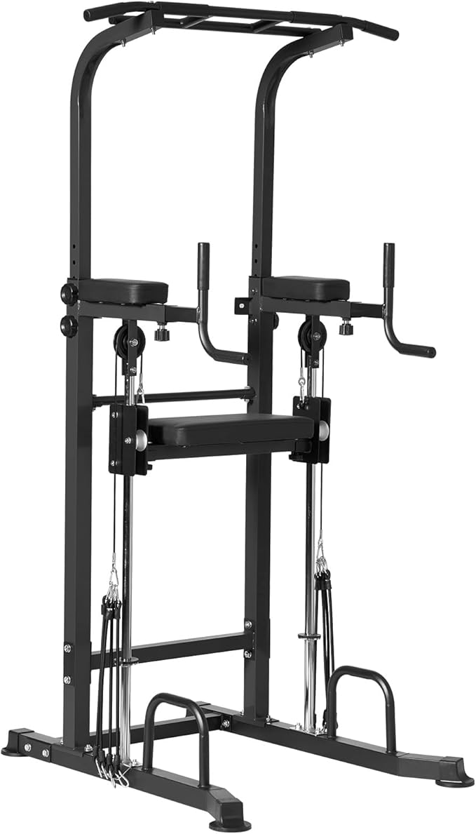 SogesGame Power Tower pull up dip station,Multi Function Adjustable Height Pull Up Bar of Assisted Pad,Strength Training Exercise Equipment with Elastic Rope for Home Gym Workout,330 Lbs
