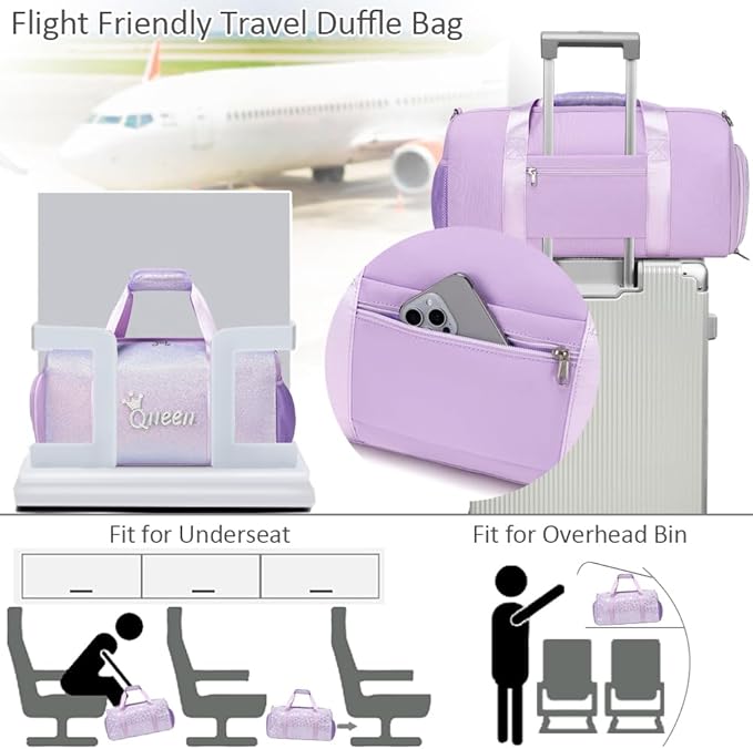 Dance Duffle Bag for Girls Shiny Glitter Sports Gym Bag for Girls Weekender Overnight Sleepover Travel Duffel with Shoes Compartment