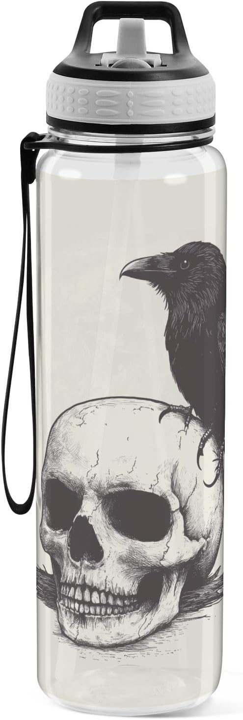Fustylead Retro Skull and Black Crow 32 oz Water Bottle with Straw, Leakproof Clear Sport Bottles for Women Men Outdoor Sport Drinking