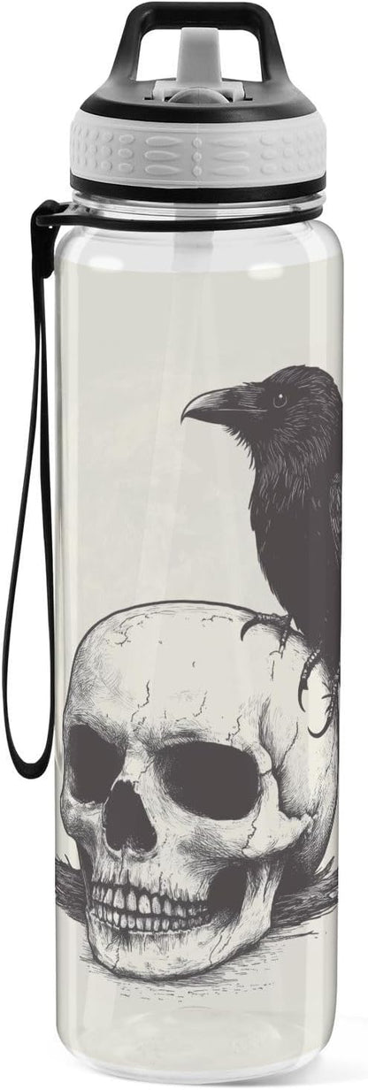 Fustylead Retro Skull and Black Crow 32 oz Water Bottle with Straw, Leakproof Clear Sport Bottles for Women Men Outdoor Sport Drinking