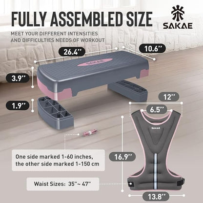 Adjustable Height Aerobic Stepper Set, Multiple Bundle Options with Dumbbells, Kettlebell, Waist Trimmer, Ankle Weights or Weighted Vest, Workout Exercise Step Platform w/Level Risers, 4 Colors