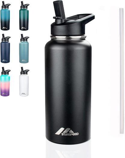 StarSpeed 32oz Insulated Water Bottle with Straws & 2 Lids, Stainless Steel Double Walled Vacuum Water Flask, Wide Mouth Sports Water Bottle for Gym Camping Hiking, Black