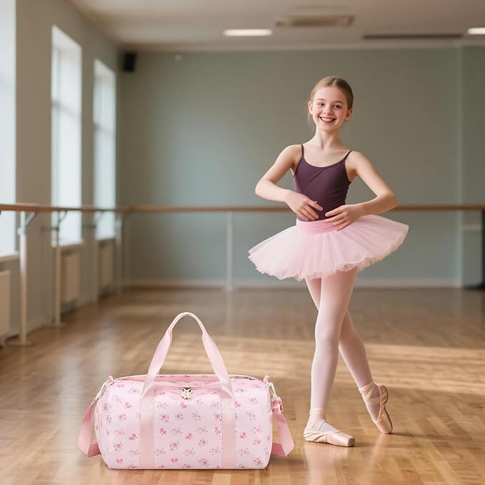 Gym Bag Sports Duffle Bags with Wet Pocket Weekender Overnight Bag with Shoe Compartment and Air Hole for Girls Kids Women Workout Travel Bags (Bow Flower-Pink)