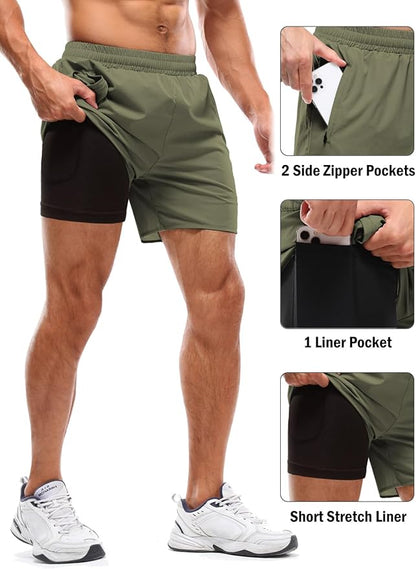 Aolesy Men's 2 in 1 Running Shorts 5" Workout Gym Athletic Shorts for Men Quick Dry Lightweight Training Shorts with Pockets