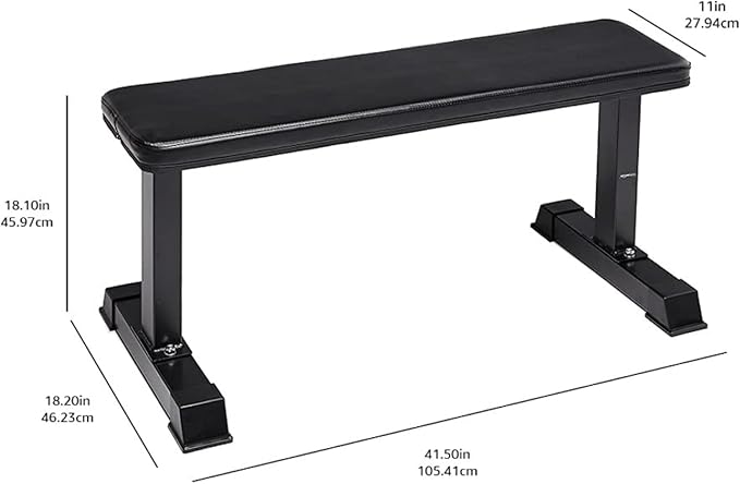 Amazon Basics Sturdy Flat Weight Bench for Home Gym, Strength Training, Stable Assembly, Black
