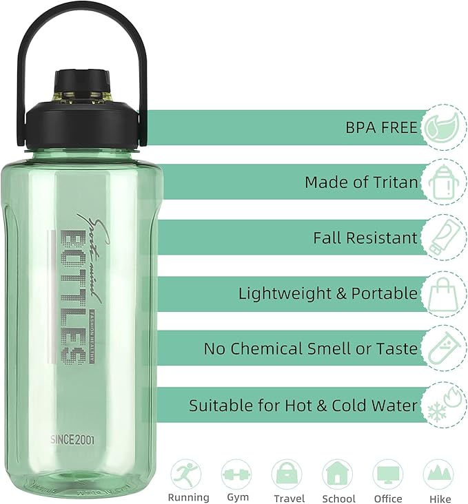 Half Gallon/64oz Water Bottle With Handle, 2L Leak proof BPA Free Fitness Sports Water Jug, Ensure You Drink Enough Water Daily for Gym and Outdoor Sports(Green)