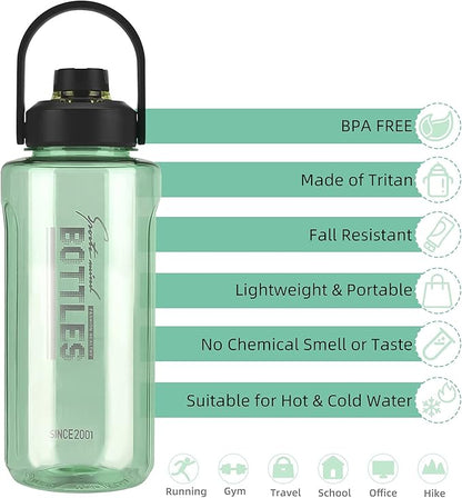 Half Gallon/64oz Water Bottle With Handle, 2L Leak proof BPA Free Fitness Sports Water Jug, Ensure You Drink Enough Water Daily for Gym and Outdoor Sports(Green)