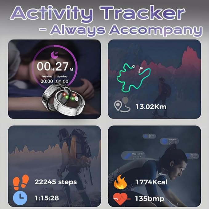 Smart Ring Fitness Tracker Sleep Tracking Heart Rate Monitor Pedometer, Waterproof Activity Tracker Fitness Ring Steps Counter, Gesture Controls for Short Video, 8 Days Last, Silver, #9
