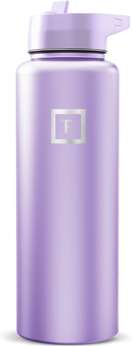IRON °FLASK Camping & Hiking Hydration Flask with Straw, Wide Mouth Insulated Stainless Steel Sports Water Bottle - Lavender 40 oz - Straw (1 Lid)