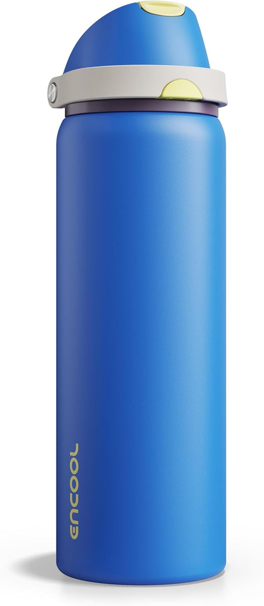 Insulated Water Bottle with Straw - Encool Stainless Steel Water Bottle with Push Button Lid, Leak-Proof & BPA-Free, Keeps Cold for 24 Hours for Sports, Travel, Gym (32 oz, Sapphire)