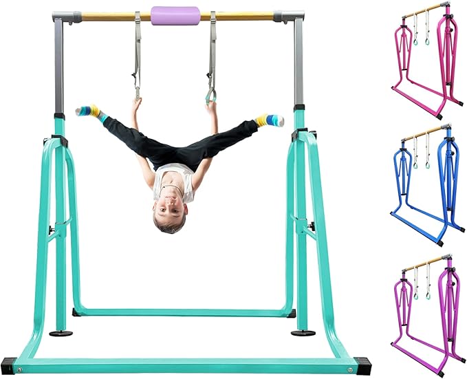 Foldable & Moveable Gymnastics Horizontal Bar with Rings,3’to 5’Adjustable Height Expandable Junior Kip Bar for Home,Indoor Gym Equipment for Kids