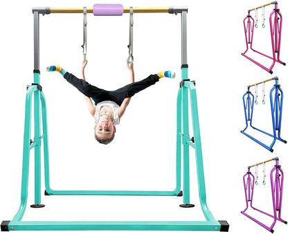Foldable & Moveable Gymnastics Horizontal Bar with Rings,3’to 5’Adjustable Height Expandable Junior Kip Bar for Home,Indoor Gym Equipment for Kids