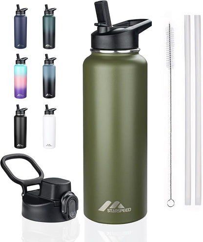 StarSpeed 40oz Insulated Water Bottle with Straws & 2 Lids, Stainless Steel Double Walled Vacuum Water Flask, Wide Mouth Sports Water Bottle for Gym Camping Hiking, Navy Green