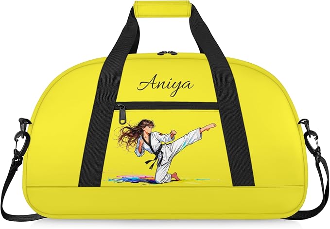 Custom Name Taekwondo Karate Duffle Bag for kids Girls - Personalized Martial Arts Gear Bag, Water-Resistant Sparring Equipment Bag, Taekwondo Yellow