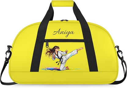 Custom Name Taekwondo Karate Duffle Bag for kids Girls - Personalized Martial Arts Gear Bag, Water-Resistant Sparring Equipment Bag, Taekwondo Yellow
