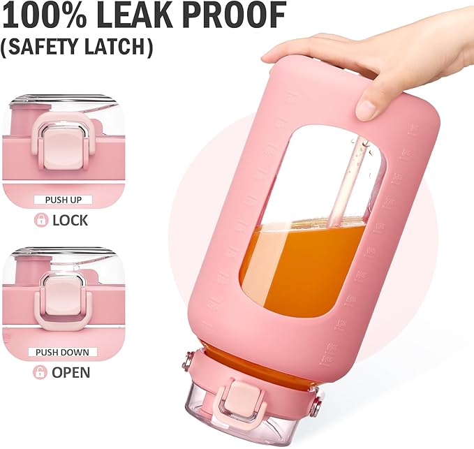 BLUEGO 84oz Water Bottle Glass with Stainless Steel Handle Large 2.5l Water Bottle with Time Markers and Silicone Sleeve Half Gallon Water Jug BPA Free for Gym Daily Use, Pink