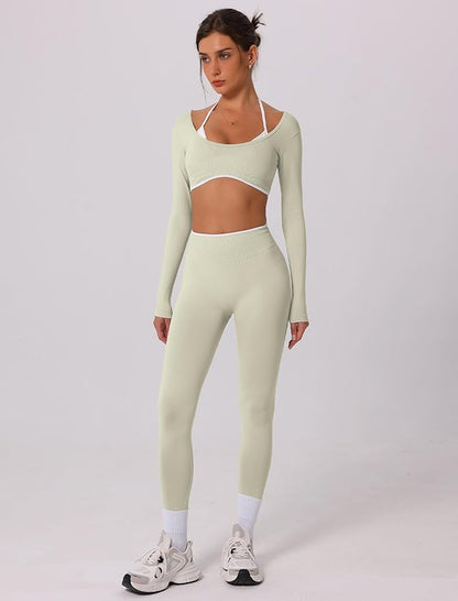 ABOCIW Workout Sets for Women Long Sleeve Crop Top Scrunch Butt Lifting High Waist Leggings 2 Piece Gym Yoga Outfits