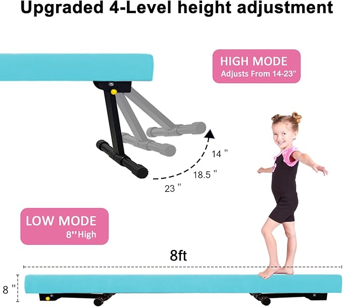 GLANT 8ft Ultrasimple Adjustable&Foldable Balance Beam,High-Low Floor Beam Suede Gymnastics Equipment,No Tool Require, Gymnastics Beam for Training&Professional HomeTraining
