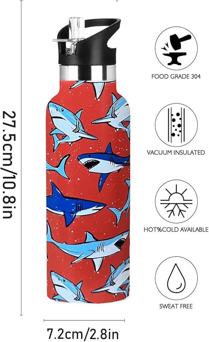 Shark Sport Water Bottle with Straw, Vacuum Insulated Stainless Steel Thermal Drinking Travel Mug Cups For Gym Fitness Camping-20oz/600ml