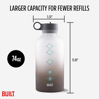 Built 74 Oz Tritan Motivational Bottle with Straw (Gray) - BPA-Free & Leakproof with Wide Mouth, Carry Handle Lid, Dishwasher Safe - Hydration Tracker for Gym, Fitness, Healthy Lifestyle