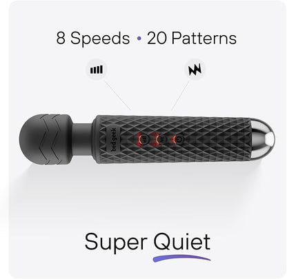 bed geek Handheld Cordless Personal Wand Massager – Waterproof, USB Rechargeable, 20 Vibration Patterns, 8 Speeds, Memory Feature, Skin-Soft Silicone for Ultimate Relaxation Tool (Black)