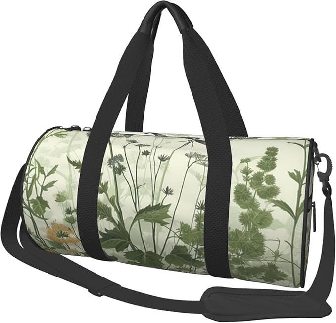 Sports Gym Bag for Women Men Travel Duffel Bag Tote Weekender Bag Carry on Overnight Bag for Travel Swimming Fitness Workout Sports Foliage and Herbs with Dragonflies Winged Duffle Bag
