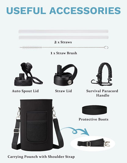 BENZZO 128 oz Insulated Water Bottle with Carrier Bag, 1 Gallon Metal Water Jug Keep Cold-48H Hot-24H, Giant Water Jug with Straw Lid & Spout Lid, Paracord Handle, Gallon Water Canteen for Work