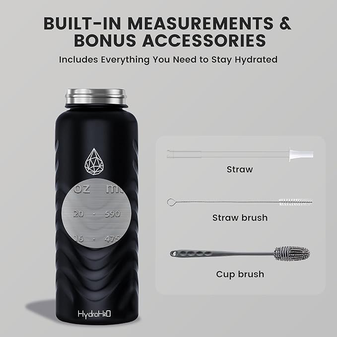 24oz Stainless Steel Insulated Water Bottle, 48H Cold & 24H Hot, Leak-Proof Wide Mouth Lids (Straw & Spout), BPA-Free Bottles, Mens Water Bottle for Gym, Hiking, Travel - Black