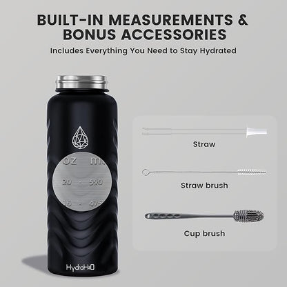 24oz Stainless Steel Insulated Water Bottle, 48H Cold & 24H Hot, Leak-Proof Wide Mouth Lids (Straw & Spout), BPA-Free Bottles, Mens Water Bottle for Gym, Hiking, Travel - Black