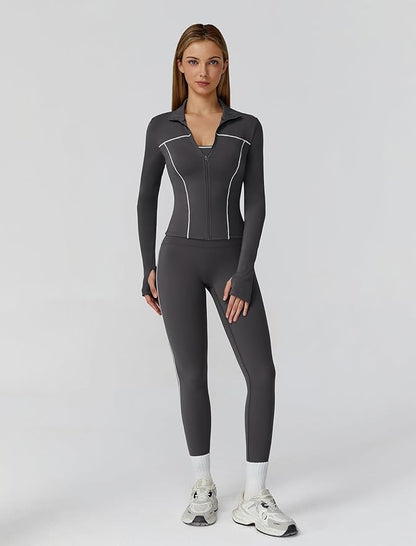 Womens workout sets Contrast Long Sleeve Jacket with Sports Bra and Butt-lifting Pants Yoga Outfits 3 Pieces Set