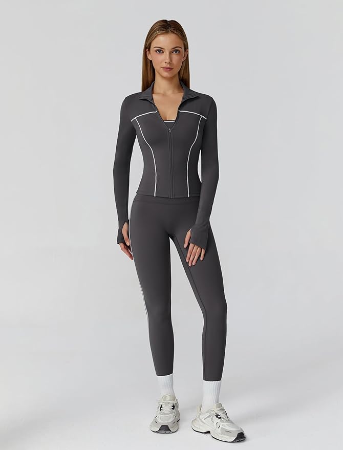 Womens workout sets Contrast Long Sleeve Jacket with Sports Bra and Butt-lifting Pants Yoga Outfits 3 Pieces Set