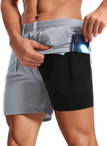 Aolesy Men's 2 in 1 Running Shorts 5" Workout Gym Athletic Shorts for Men Quick Dry Lightweight Training Shorts with Pockets