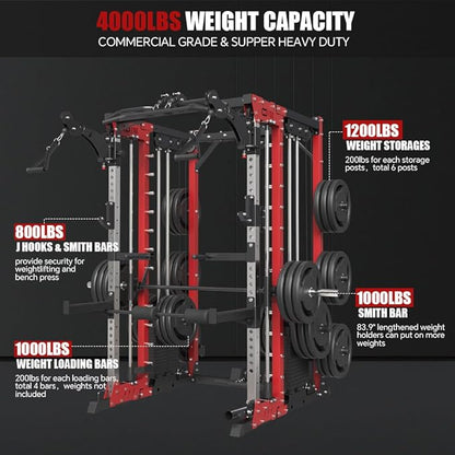 FAGUS Commercial Smithe Machine with Dual Weight Stacks, Power Cage Squat Rack with Lever Arm & Leg Press Attachment, Multi-Function Linear Bearing Cable Crossover Machine for Home Gym