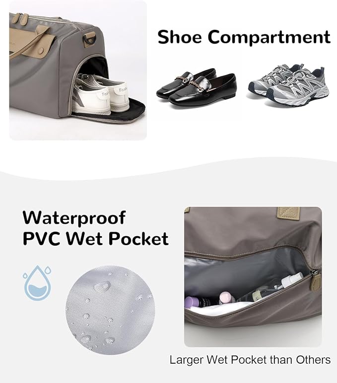 Gym Bag for Men Women with Shoe & Wet Compartment, 20L Waterproof Personal Item Carry On Travel Duffle Bag, Small Sports Duffel Bags for Fitness Workout Swimming Dance, Khaki