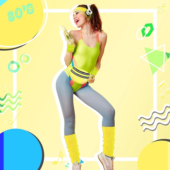80s Neon Workout Costume Accessories Set 10 PCS Leg Warmers for Women 80s Headband Wristband Fanny Pack for Yoga Running