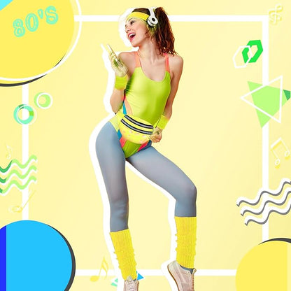 80s Neon Workout Costume Accessories Set 10 PCS Leg Warmers for Women 80s Headband Wristband Fanny Pack for Yoga Running