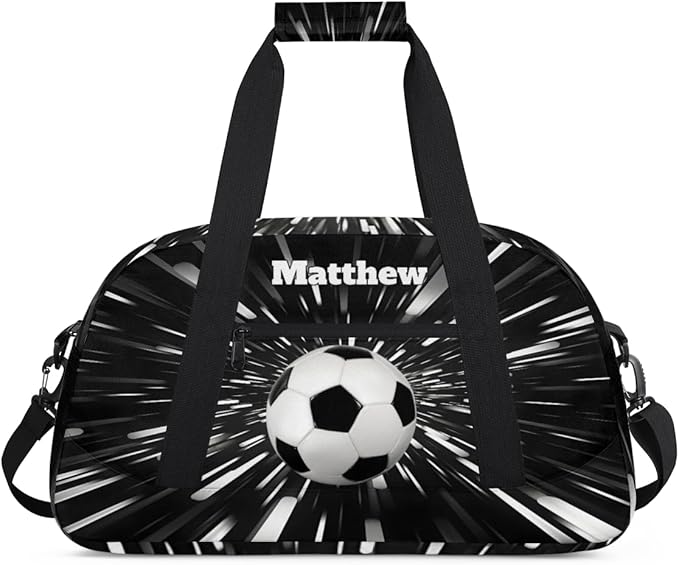 Personalized Boys Sports Soccer Duffel Bag, Custom Sport Gym Bag Large Compartment Cheerleaders Dance Bag Weekender Bags Travel Training Bag for men, Abstract Black Background