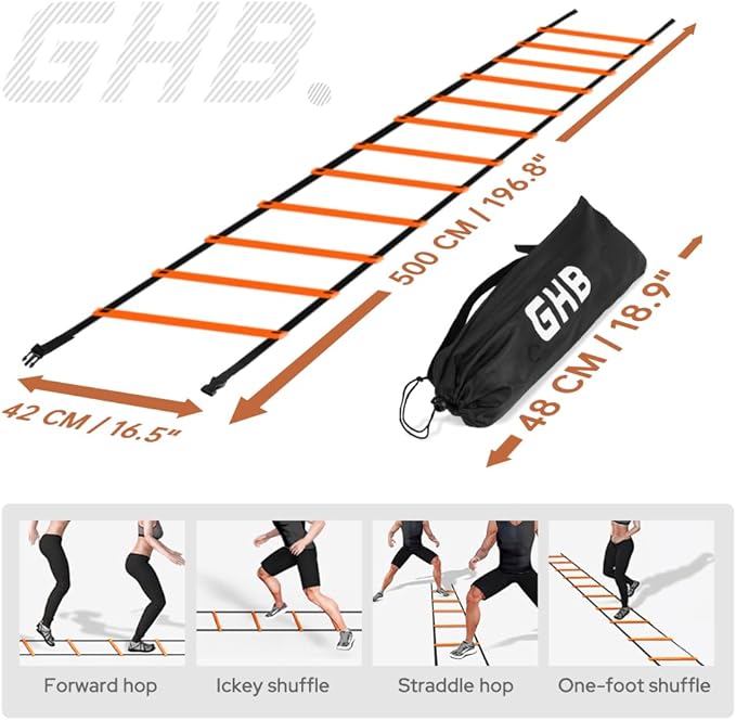 GHB Pro Agility Ladder 2 Pack Agility Training Ladder Speed 12 Rung 20ft with Carrying Bag (Orange and Green)