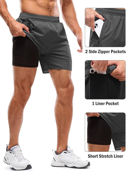 Aolesy Men's 2 in 1 Running Shorts 5" Workout Gym Athletic Shorts for Men Quick Dry Lightweight Training Shorts with Pockets