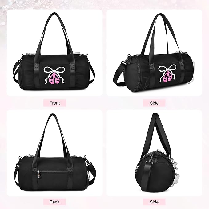 Dance Bag for girls, KUIRAN 8L Dance Duffel Bag with Separate Shoe Compartment Lightweight Water-resistant Sport Bag for Dance, Ballet, Gym, Travel - Black