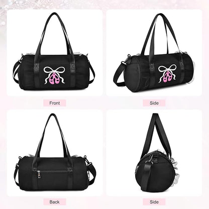 Dance Bag for girls, KUIRAN 8L Dance Duffel Bag with Separate Shoe Compartment Lightweight Water-resistant Sport Bag for Dance, Ballet, Gym, Travel - Black
