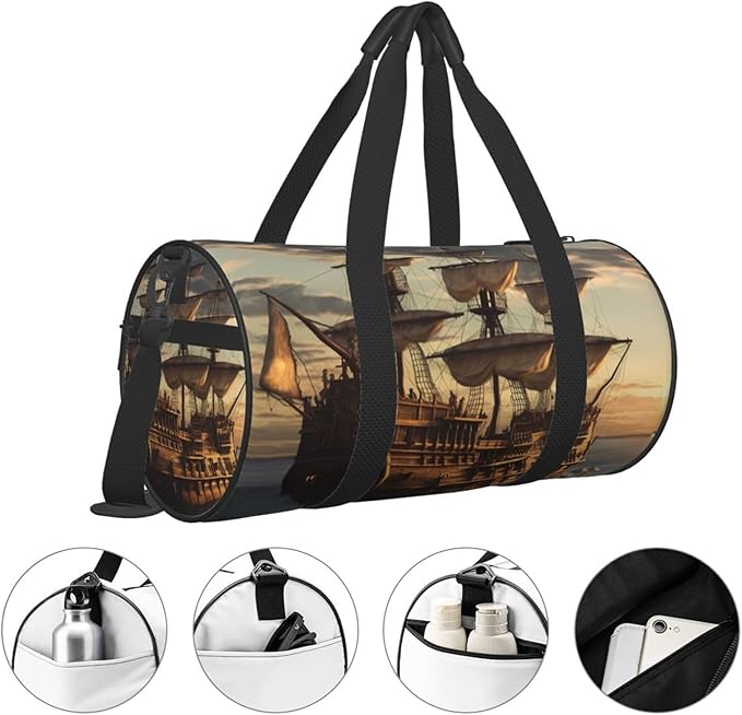 Sports Gym Bag for Women Men Travel Duffel Bag Tote Weekender Bag Carry on Overnight Bag for Travel Swimming Fitness Workout Sports Fantasy pirate ship Duffle Bag