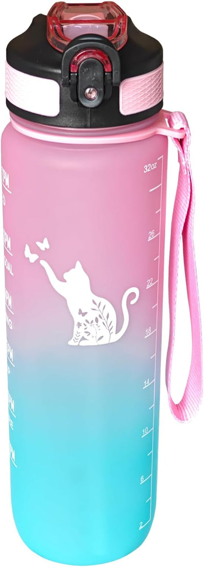 Floral Cat Water Bottle 32 Oz – Leakproof BPA Free Sport Water Bottle with Straw & Carry Strap, Motivational Time Marker for Gym, Fitness, Outdoor, Travel, Office, Biking, Cat Lover