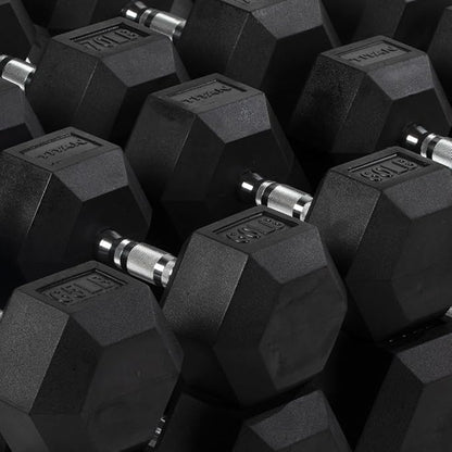 Titan Fitness Rubber Hex Dumbbells, 5 LB-50 LB Set of Pairs, Roll-Resistant Hexagonal Free Weights, Hex Dumbbell set with Chrome-Coated Handles, Free Weight Set, Strength Training Equipment